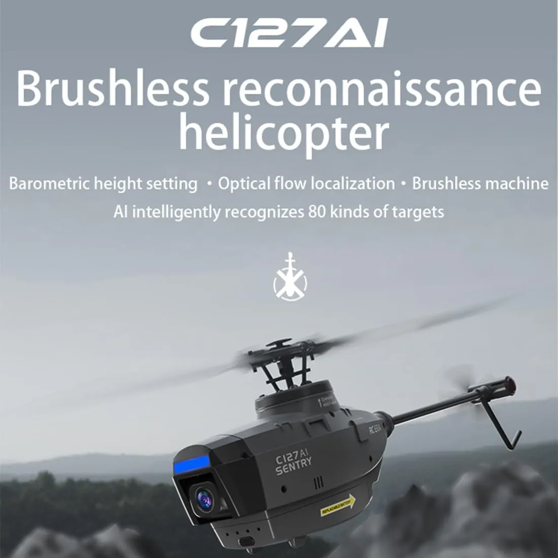 C127AI RC Helicopter with 1080P HD Camera, RC Military Helicopter 120° Wide-angle, 6-Axis Gyro 4 Channel, Altitude Hold & Optical Flow Positionging Indoor Outdoor-RTF (Black)