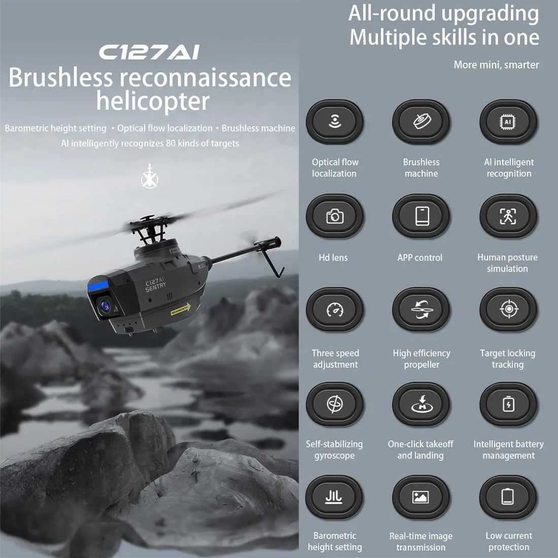 C127AI RC Helicopter with 1080P HD Camera, RC Military Helicopter 120° Wide-angle, 6-Axis Gyro 4 Channel, Altitude Hold & Optical Flow Positionging Indoor Outdoor-RTF (Black)