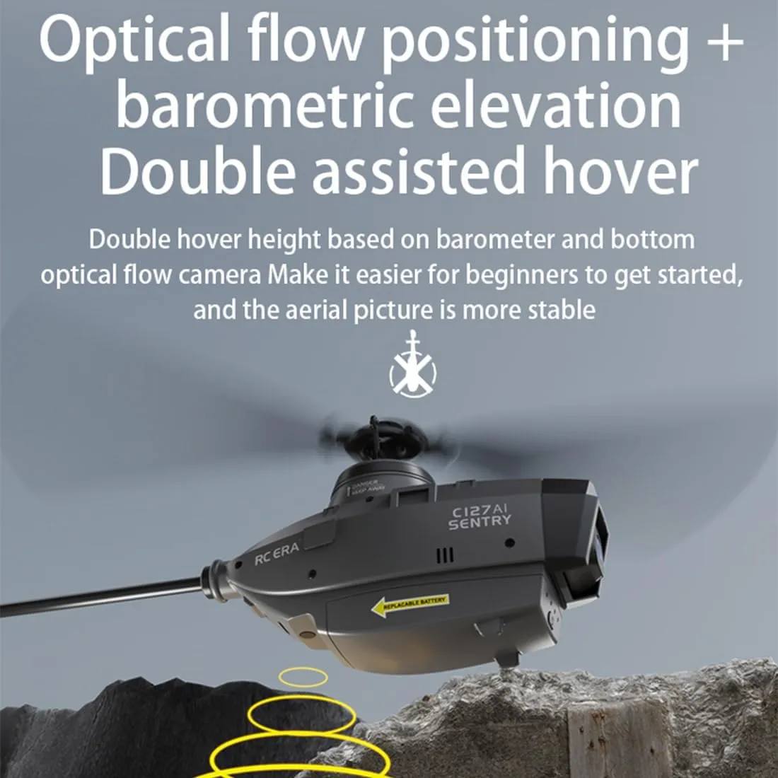 C127AI RC Helicopter with 1080P HD Camera, RC Military Helicopter 120° Wide-angle, 6-Axis Gyro 4 Channel, Altitude Hold & Optical Flow Positionging Indoor Outdoor-RTF (Black)