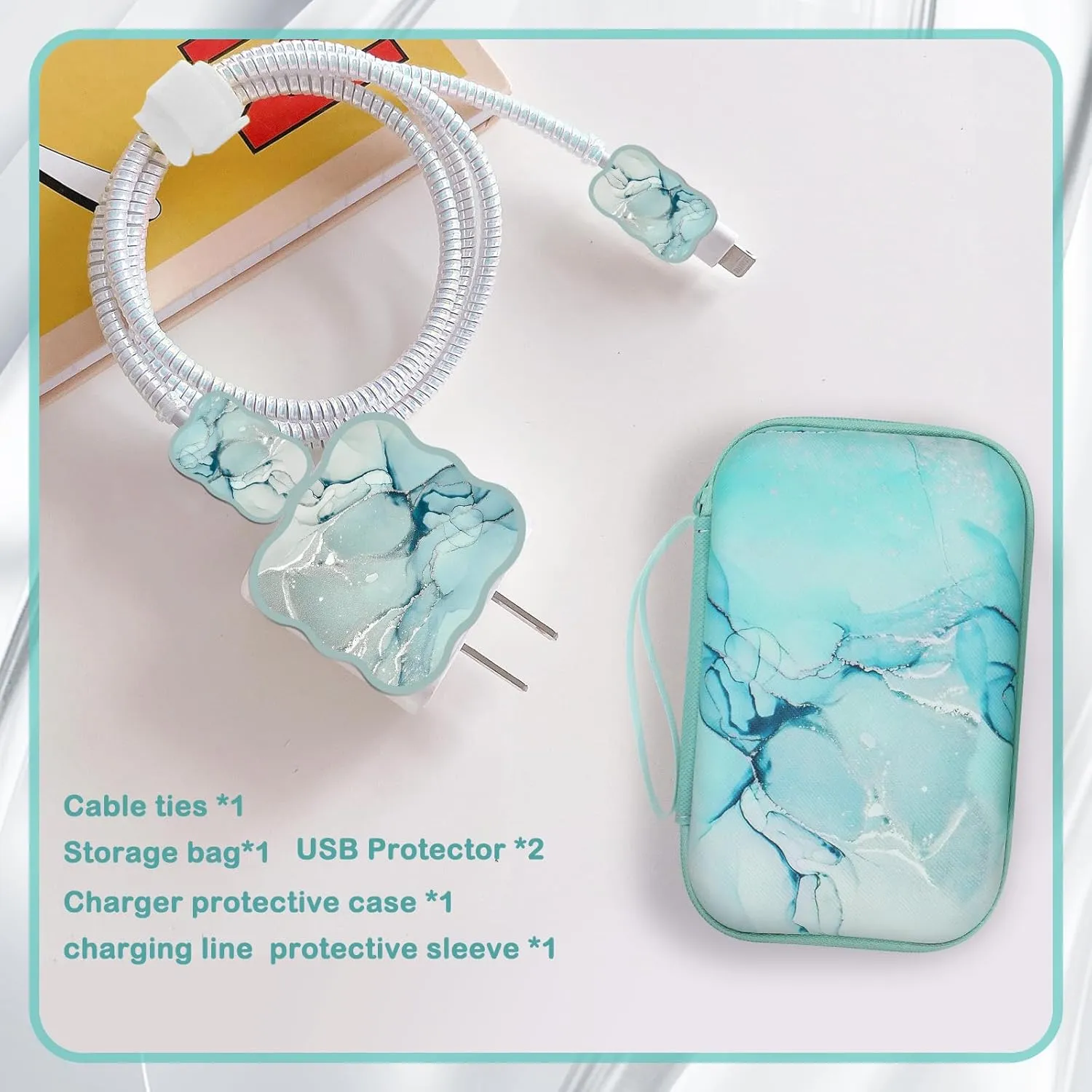 CameCosy DIY Phone Charger Cover Storage Sets USB Earphone Wire Saver Cable Organizer with Travel Storage Bag, Soft Cute Cable Protector Phone Charger Protector Compatible for iPhone(Green Marble)