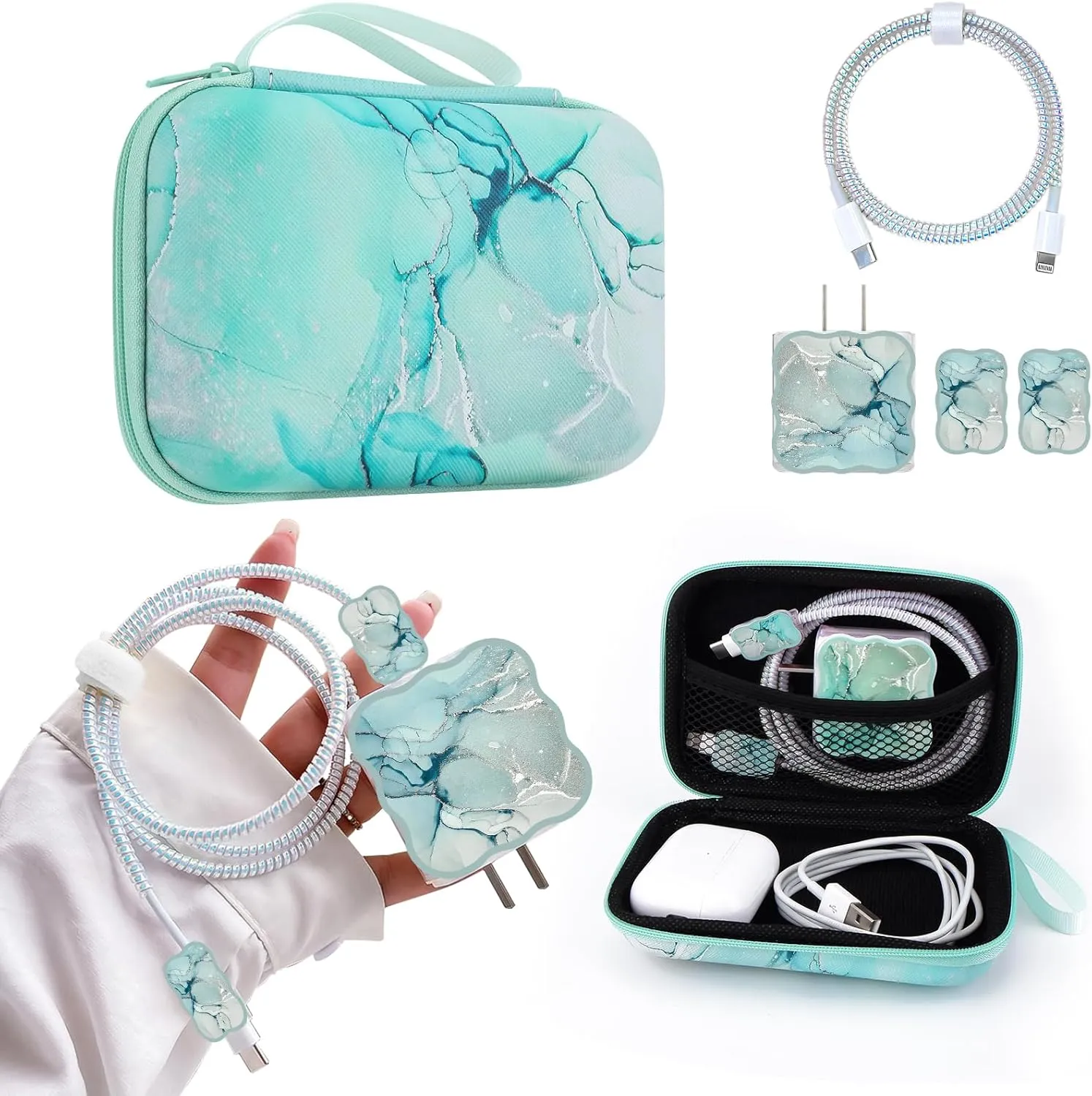 CameCosy DIY Phone Charger Cover Storage Sets USB Earphone Wire Saver Cable Organizer with Travel Storage Bag, Soft Cute Cable Protector Phone Charger Protector Compatible for iPhone(Green Marble)