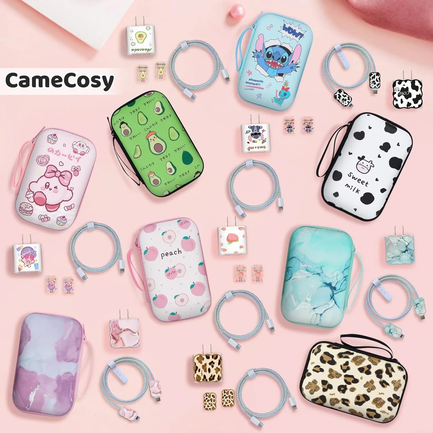 CameCosy DIY Phone Charger Cover Storage Sets USB Earphone Wire Saver Cable Organizer with Travel Storage Bag, Soft Cute Cable Protector Phone Charger Protector Compatible for iPhone(Green Marble)