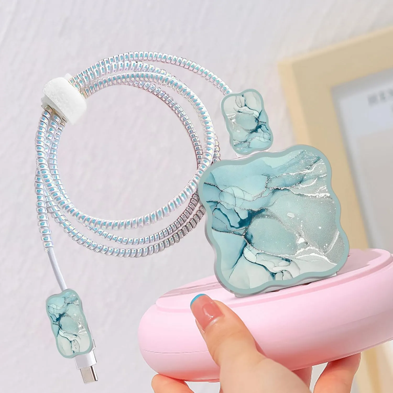 CameCosy DIY Phone Charger Cover Storage Sets USB Earphone Wire Saver Cable Organizer with Travel Storage Bag, Soft Cute Cable Protector Phone Charger Protector Compatible for iPhone(Green Marble)