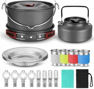 Camping Cookware 22-Piece Mess Kit, Large Hanging Pot Pan Kettle, Spoon Set for Outdoor Camping Hiking and Picnic