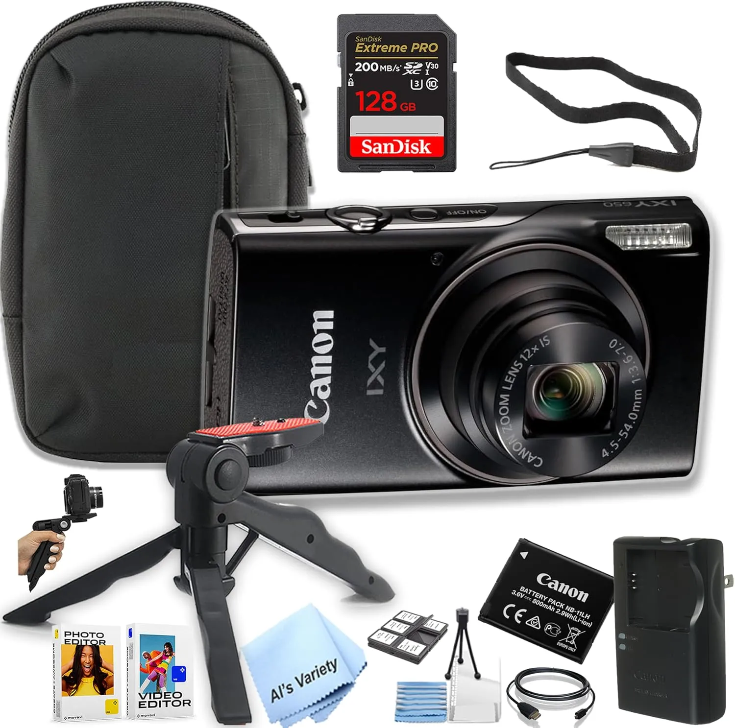 Canon PowerShot IXY 650 (ELPH 360) HS Digital Camera   128GB Extreme PRO Memory   Case, Grip, Software Pack (Essential Bundle) (Renewed), Black