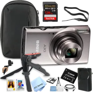 Canon PowerShot IXY 650 (ELPH 360) HS Digital Camera (Silver)   128GB Extreme PRO Memory   Case, Grip, Software Pack (Essential Bundle) (Renewed), Black