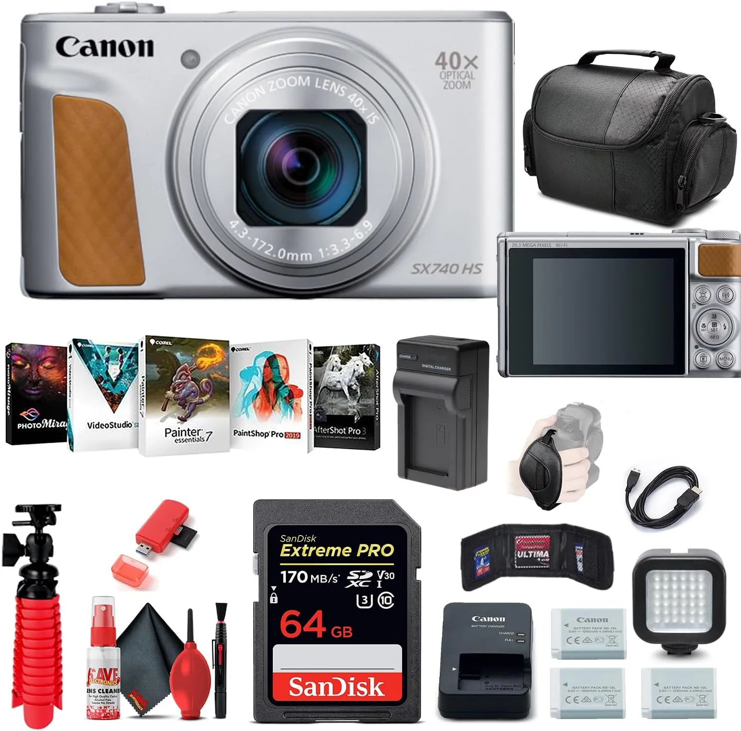 Canon PowerShot SX740 HS Digital Camera (Silver) (2956C001)   64GB Memory Card   2 x NB13L   Corel Photo Software   Charger   Card Reader   LED Light   Soft Bag   More (Renewed)