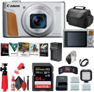 Canon PowerShot SX740 HS Digital Camera (Silver) (2956C001)   64GB Memory Card   2 x NB13L   Corel Photo Software   Charger   Card Reader   LED Light   Soft Bag   More (Renewed)