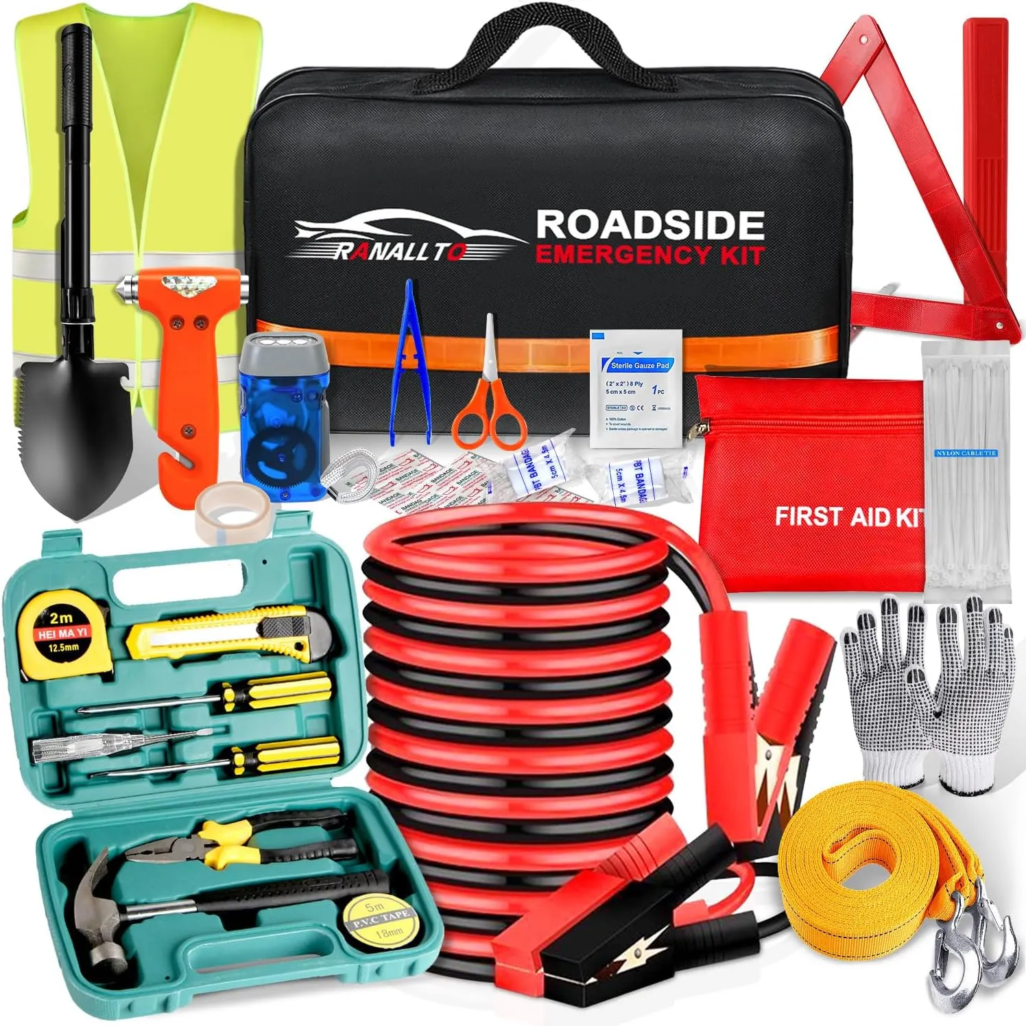 Car Emergency Roadside Tool kit,Road Side Safety Assistance Kit for Women Men Adult,Auto Truck Vehicle Emergency Bag with Shovel Jumper Cable First Aid Kit Blanket Front Rear Cover Alignment Tool