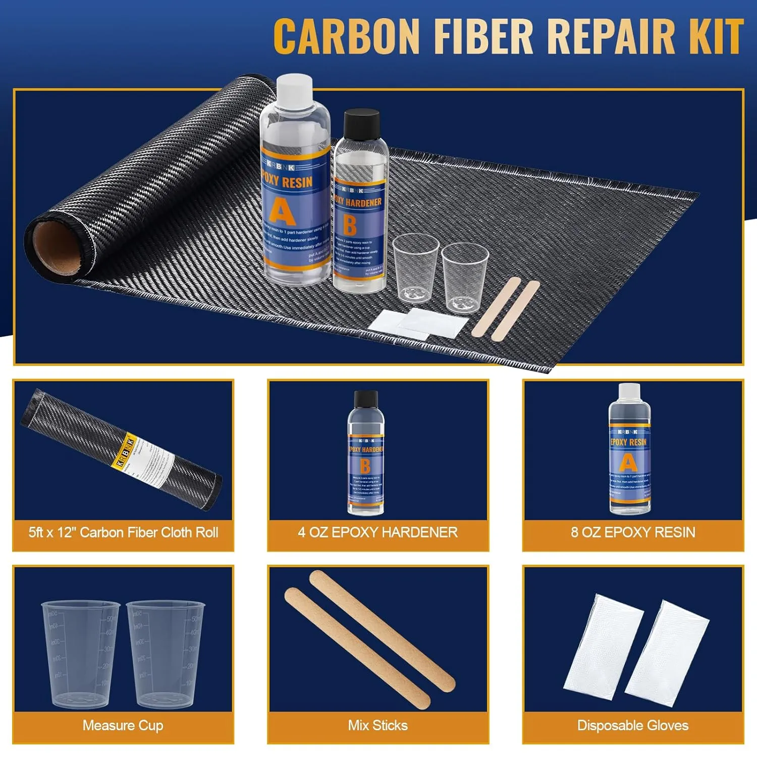 Carbon Fiber Repair Kit, 12" Carbon Fiber Cloth Roll,8OZ Epoxy Resin 4OZ Hardener, DIY Carbon Fiber Fabric Sheet Fibra de Carbono para Carro (5FT Cloth   Epoxy Resin)