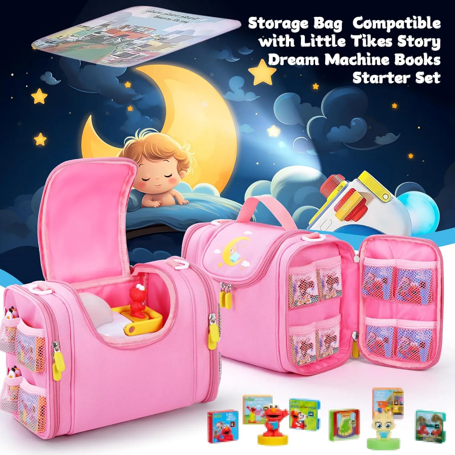 Carrying Case Compatible with Little Tikes Story Dream Machine Books Starter Set, Cute Storage Bag with Handle and Shoulder Strap for Character Storybook Accessory Bag Only (Pink)