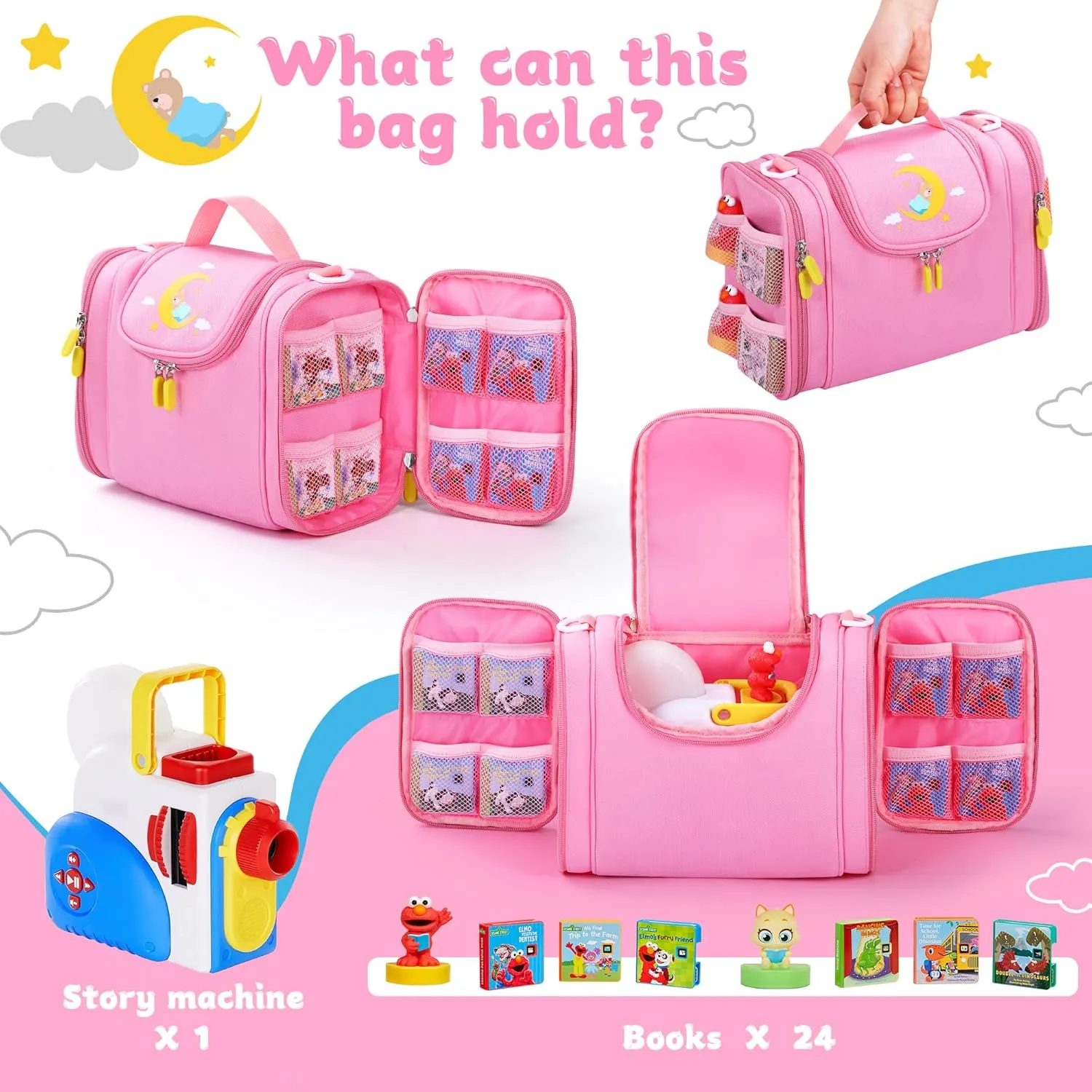 Carrying Case Compatible with Little Tikes Story Dream Machine Books Starter Set, Cute Storage Bag with Handle and Shoulder Strap for Character Storybook Accessory Bag Only (Pink)