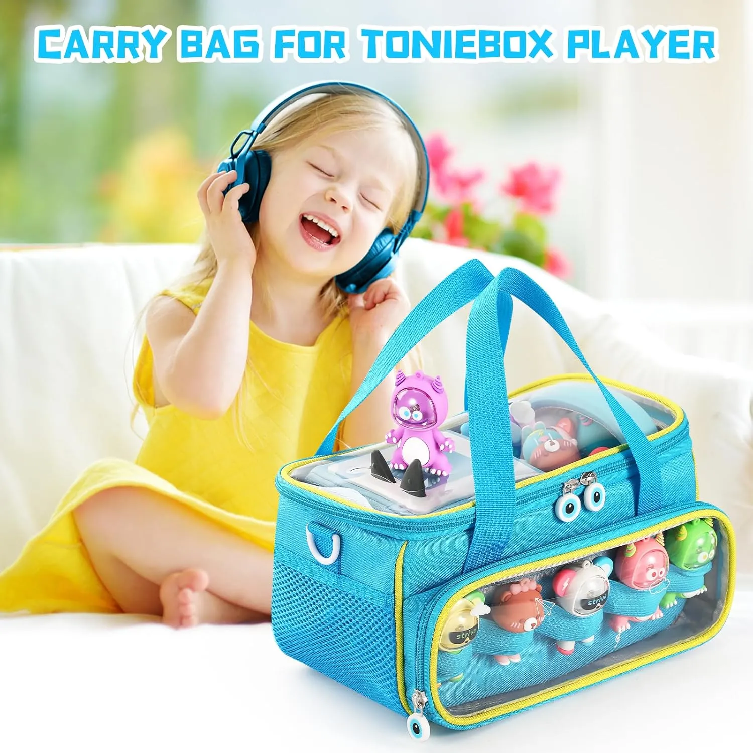 Carrying Case for Toniebox, Storage Carrier Bag for Tonie Characters with Shoulder Strap and Handle, Home Outdoor Hand Bag for Tonies Audio Player and Dolls (Blue)