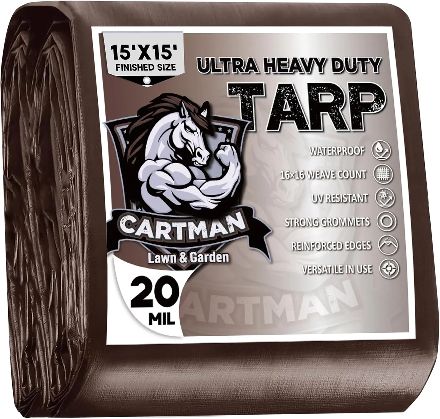CARTMAN Finished Size 15x15 Feet Extra Thick 20 Mil Brown Ultra Heavy Duty Poly Tarp, Multipurpose Protective Cover, UV Resistant, Waterproof Poly Tarpaulin with Reinforced Edges