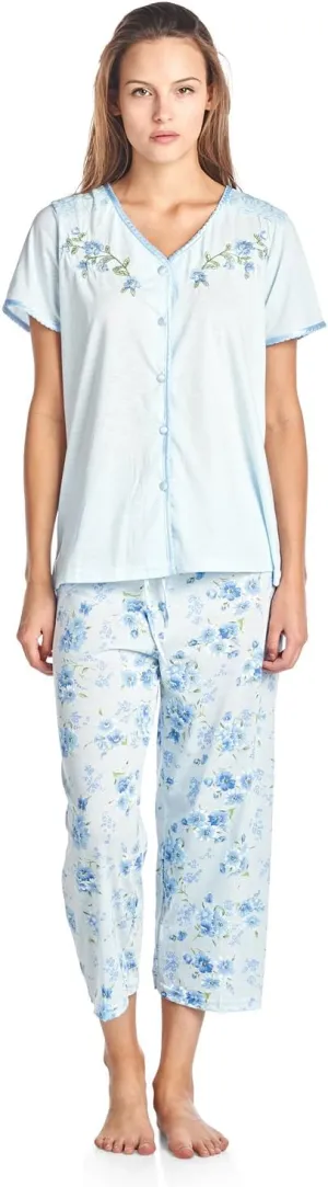 Casual Nights Women's Sleepwear Top & Capri Pants Pajama Set Shirt with Printed Bottom Pjs