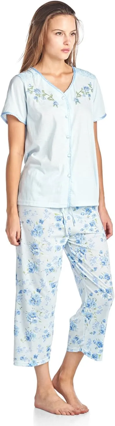 Casual Nights Women's Sleepwear Top & Capri Pants Pajama Set Shirt with Printed Bottom Pjs