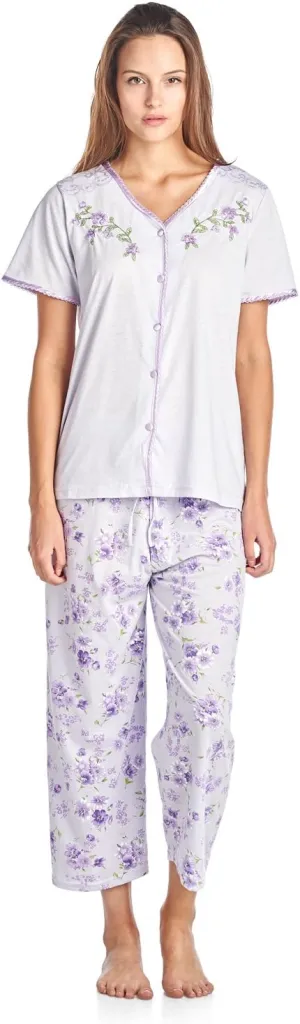 Casual Nights Women's Sleepwear Top & Capri Pants Pajama Set Shirt with Printed Bottom Pjs