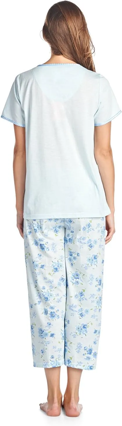 Casual Nights Women's Sleepwear Top & Capri Pants Pajama Set Shirt with Printed Bottom Pjs