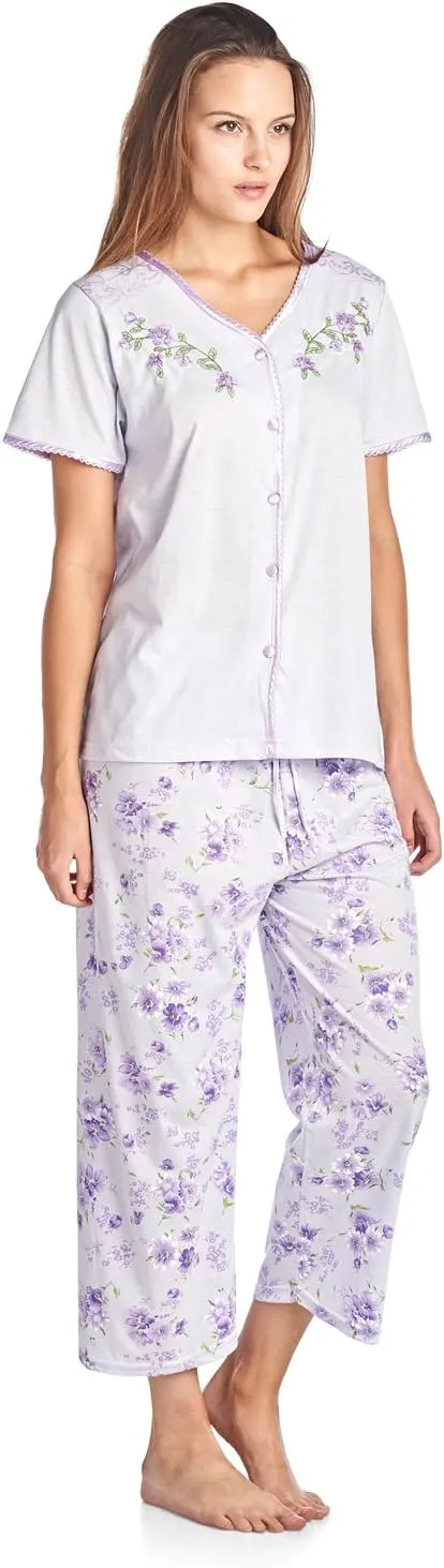 Casual Nights Women's Sleepwear Top & Capri Pants Pajama Set Shirt with Printed Bottom Pjs