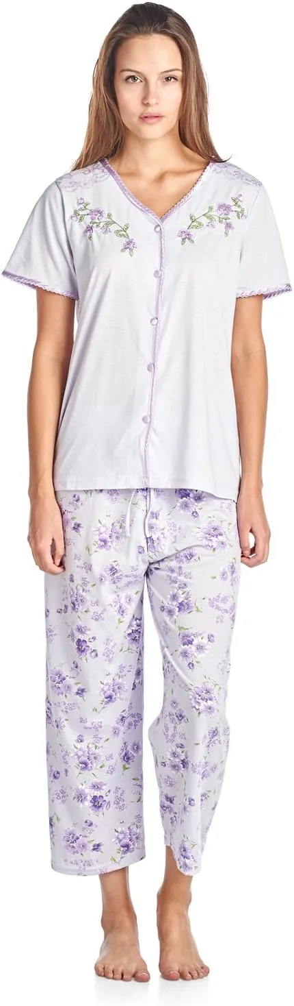 Casual Nights Women's Sleepwear Top & Capri Pants Pajama Set Shirt with Printed Bottom Pjs