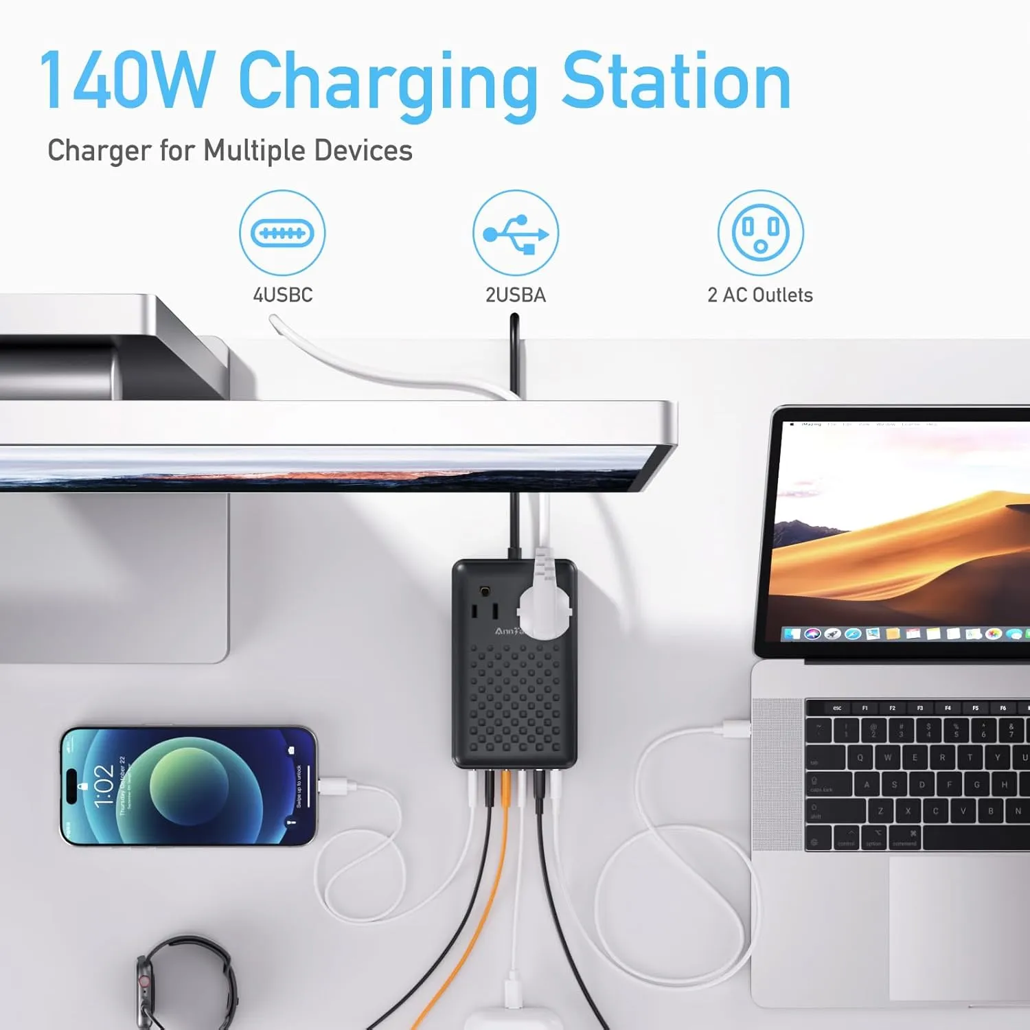 Charging Station 140W USB C Charger Block, Upgraded GaN III 8-in-1 Fast Charging Station Hub，PD 65W Laptop Charger Adapter Compatible with Compatible with MacBook Air/Pro,iPhone16/15,Galaxy S24 etc