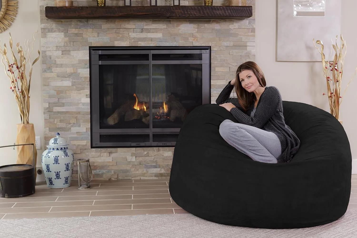 Chill Sack Bean Bag Chair - 5' Giant Memory Foam Lounge Chair with Soft Microfiber Cover – Cozy Furniture for Living Room, Dorm, & Kids' Rooms – Comfortable 5 Ft, Microsuede Lounge Sofa, Black