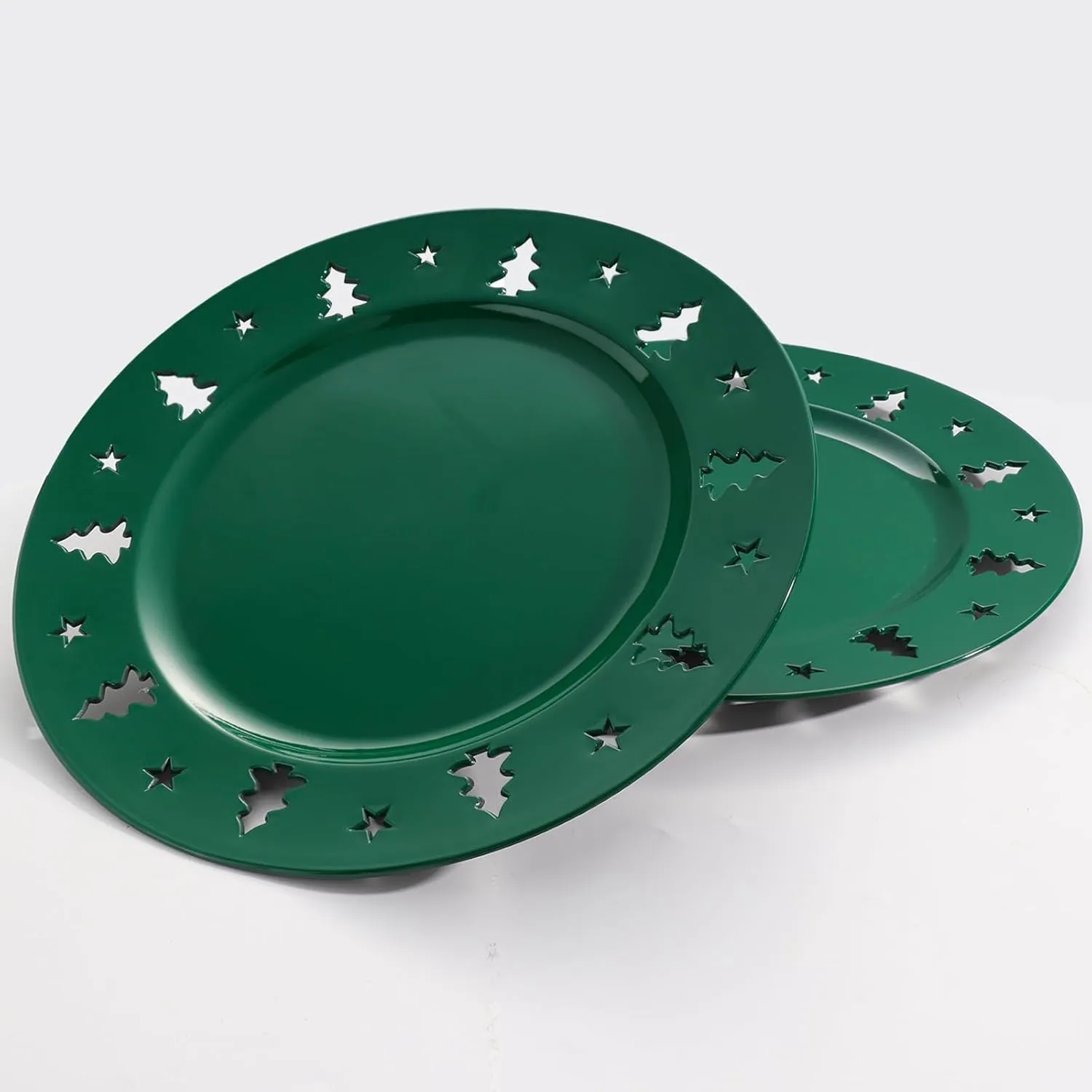 Christmas Charger Plates - 13" Christmas Tree Openwork Holidays Decorations Round Chargers for Dinner Plates - Elegant Table Centerpieces - Hunter Green, 6 Pack