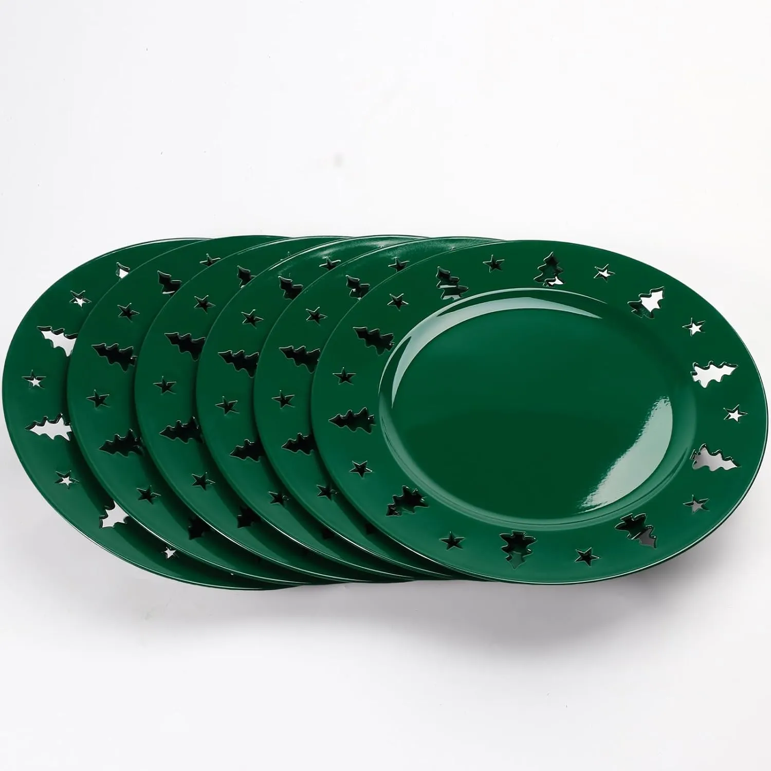 Christmas Charger Plates - 13" Christmas Tree Openwork Holidays Decorations Round Chargers for Dinner Plates - Elegant Table Centerpieces - Hunter Green, 6 Pack