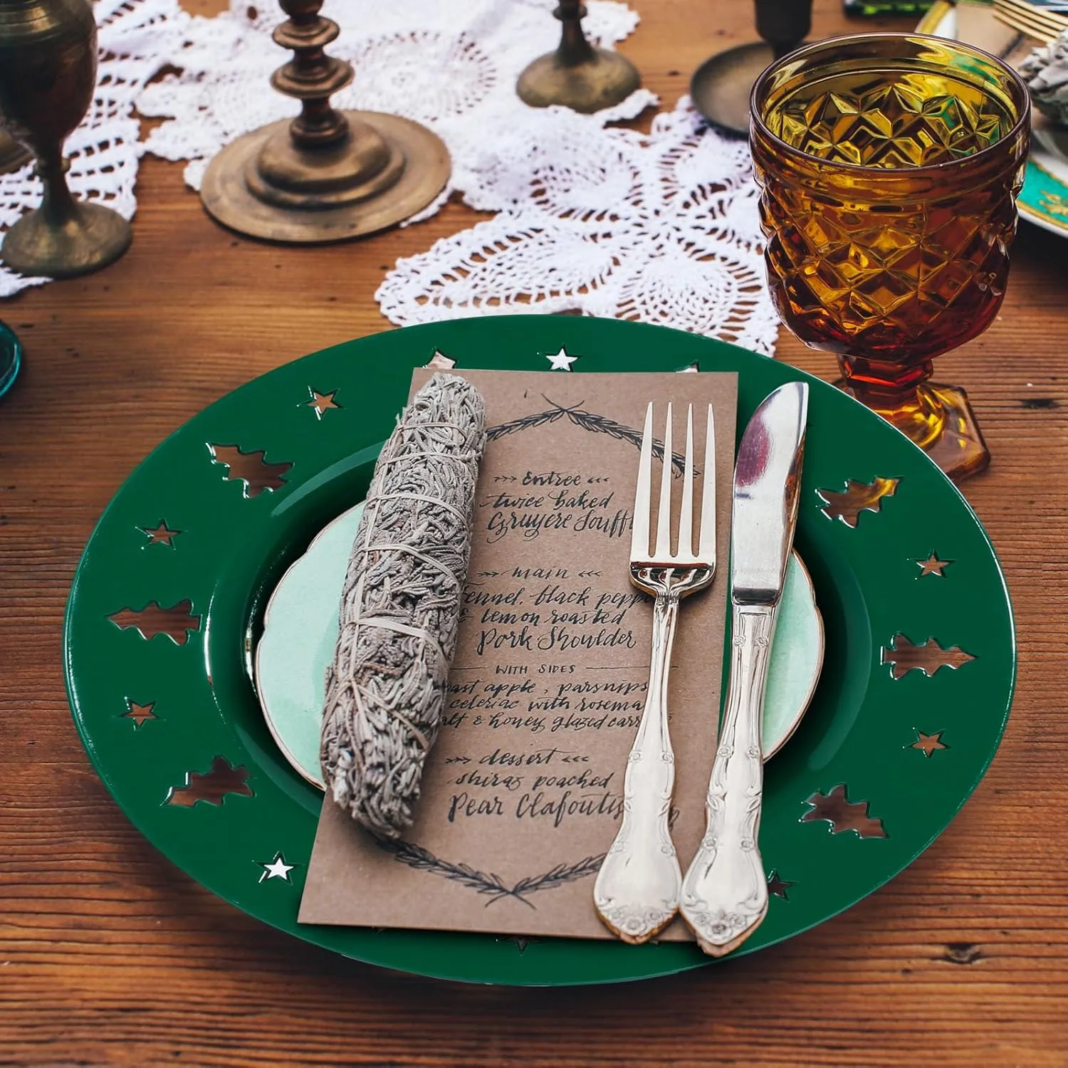Christmas Charger Plates - 13" Christmas Tree Openwork Holidays Decorations Round Chargers for Dinner Plates - Elegant Table Centerpieces - Hunter Green, 6 Pack