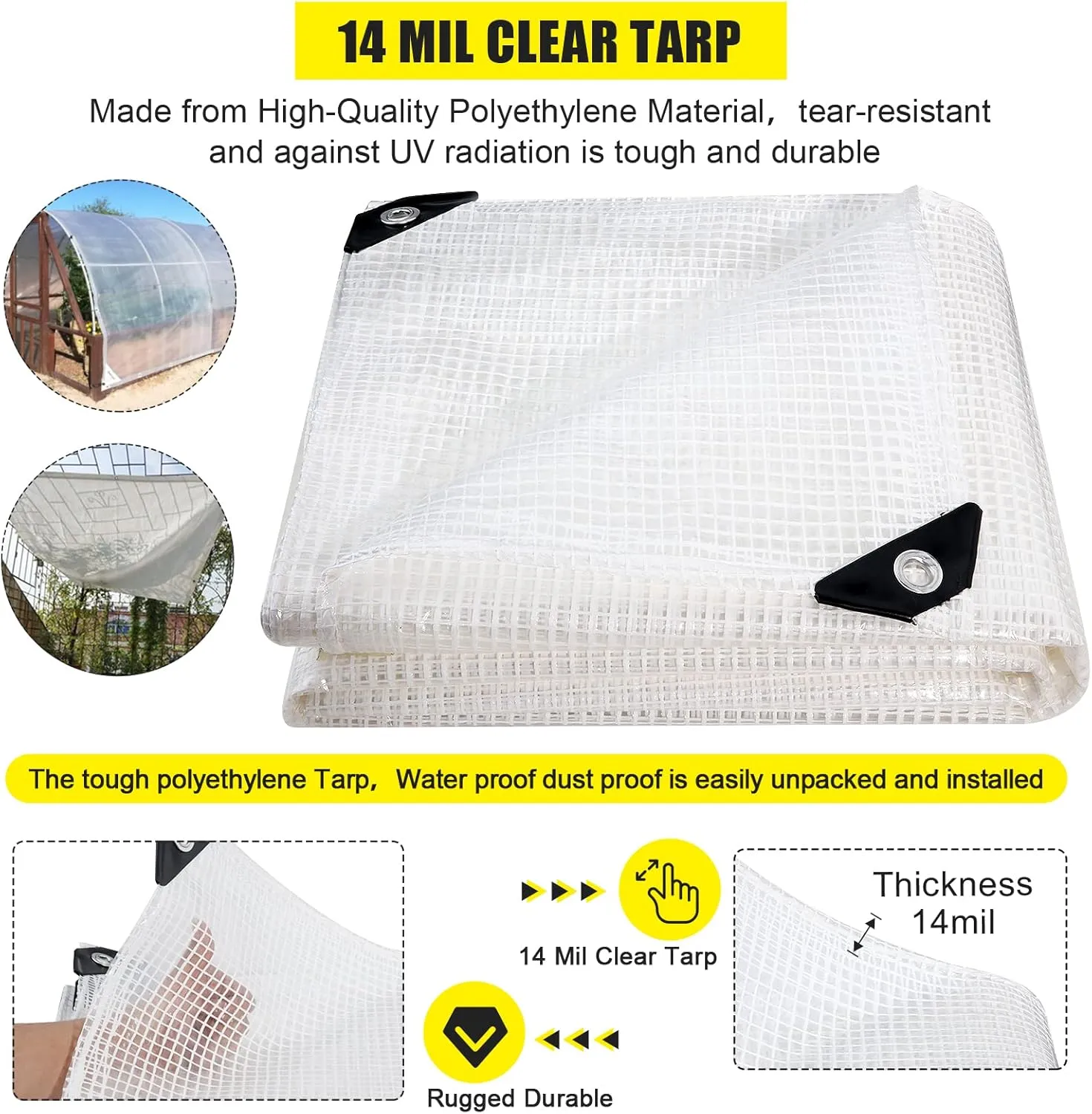 Clear Greenhouse Heavy Duty tarp 14 Mil Clear Waterproof Cover,UV Resistant Poly Tarp with Grommets 12x8ft Superior Strength,for Gardening, Farming, Nursery, Garden