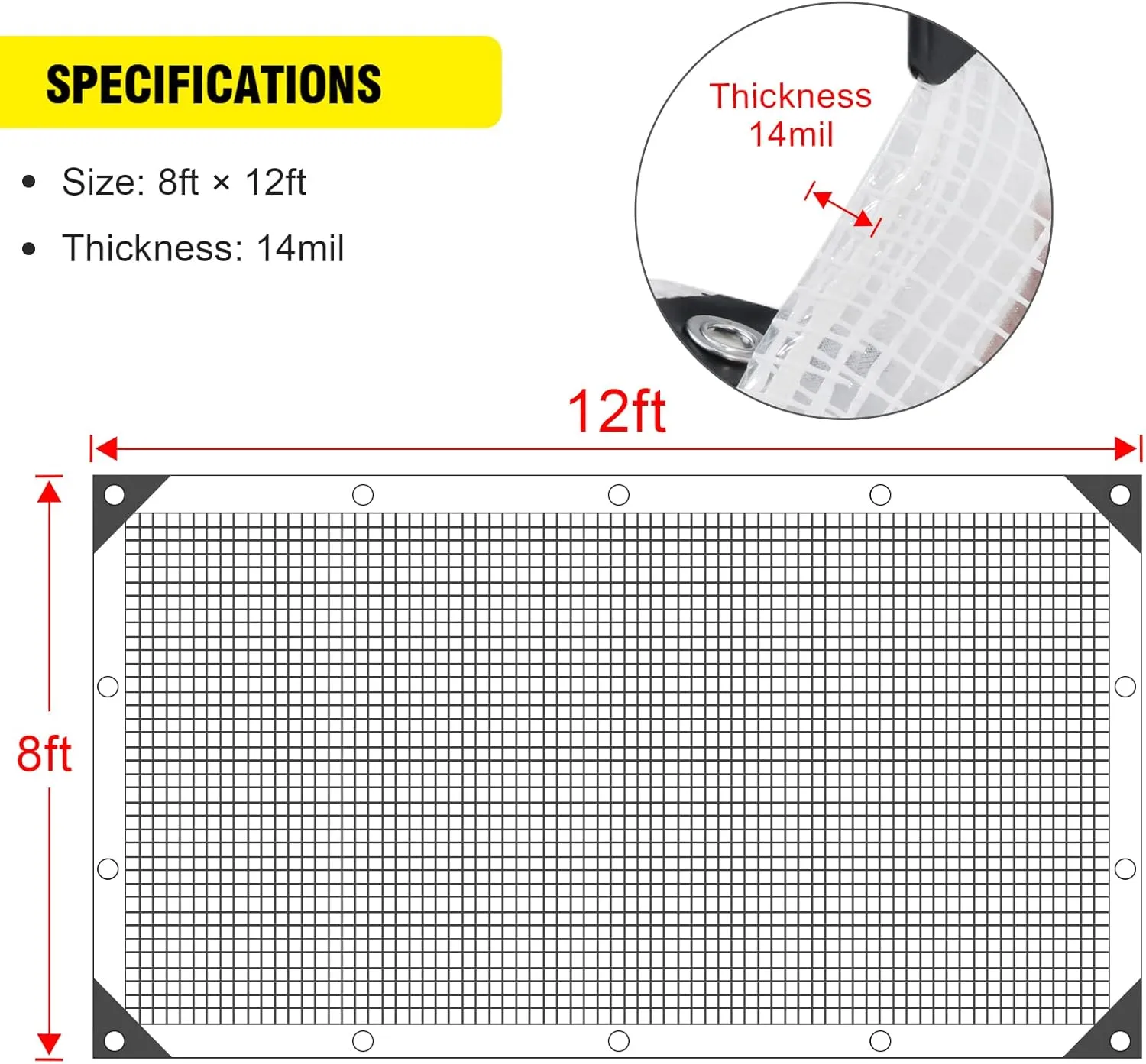 Clear Greenhouse Heavy Duty tarp 14 Mil Clear Waterproof Cover,UV Resistant Poly Tarp with Grommets 12x8ft Superior Strength,for Gardening, Farming, Nursery, Garden