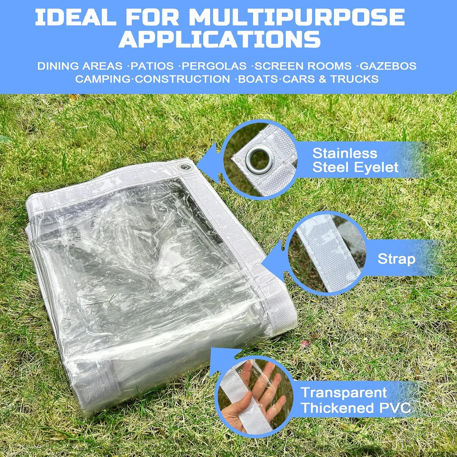 Clear Tarp 3 x 3FT, 20 Mil Clear Vinyl Tarp, Small Cover Plastic Sheeting with Grommets, Double-Stitched Reinforced Edges, Heavy Duty Tarps Waterproof and Tearproof