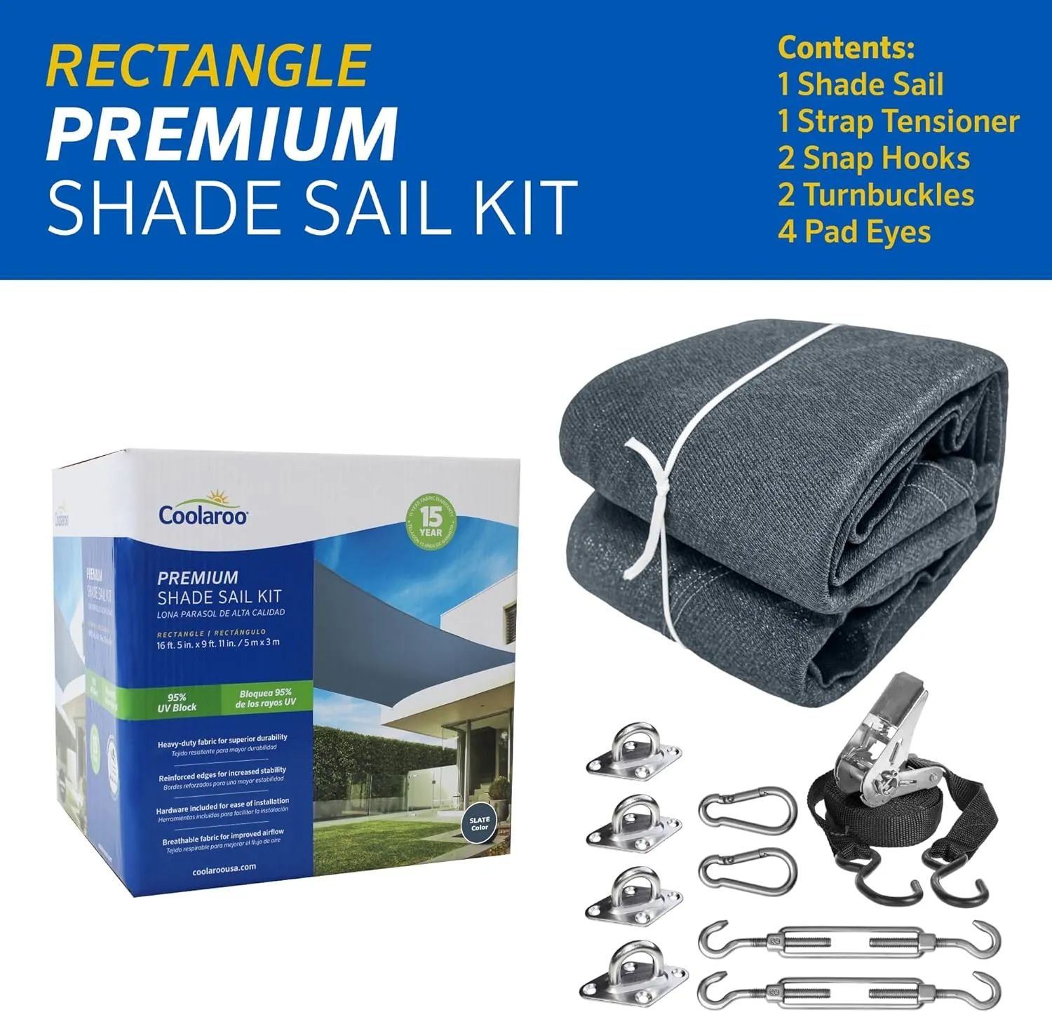 Coolaroo 16'5" x 9'11" Premium Shade Sail Kit, Rectangle - Slate