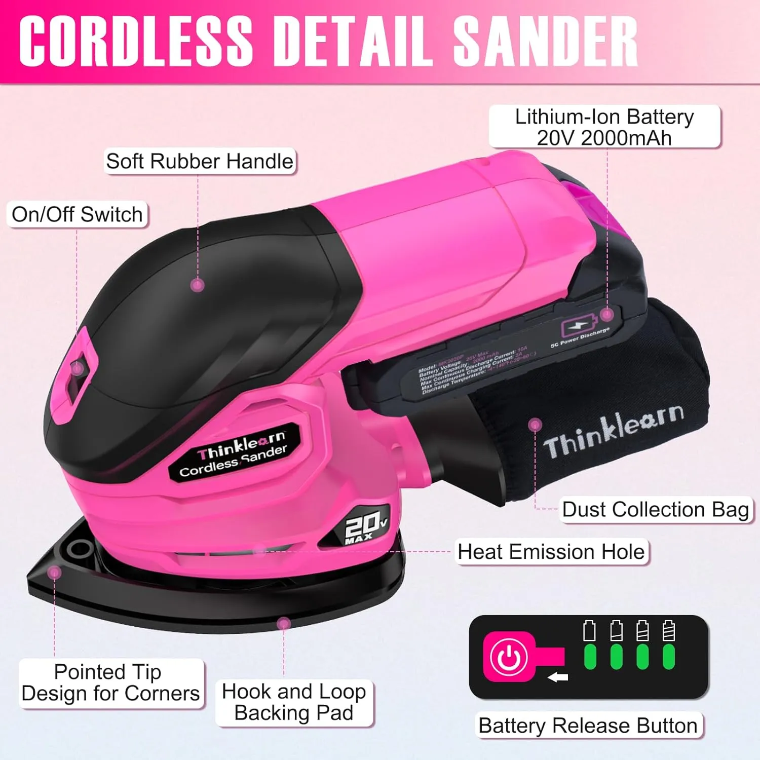 Cordless Detail Sander - 20V Electric Hand Sander with 22Pcs Sandpapers, 12000 RPM Mouse Sander with Dust Bag, Compact Palm Sander Tool for Woodworking, 2.0Ah Battery and Charger Included