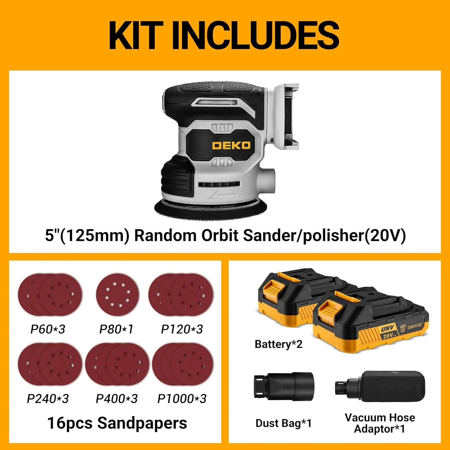 Cordless Orbital Sander: DEKOPRO 20V Random Orbit Sander, 5inch Power Palm Sander Electric Sanders Tool with 2 Batteries, Charger, Dust Collector, 16 Pcs Sanding Discs for Woodwroking