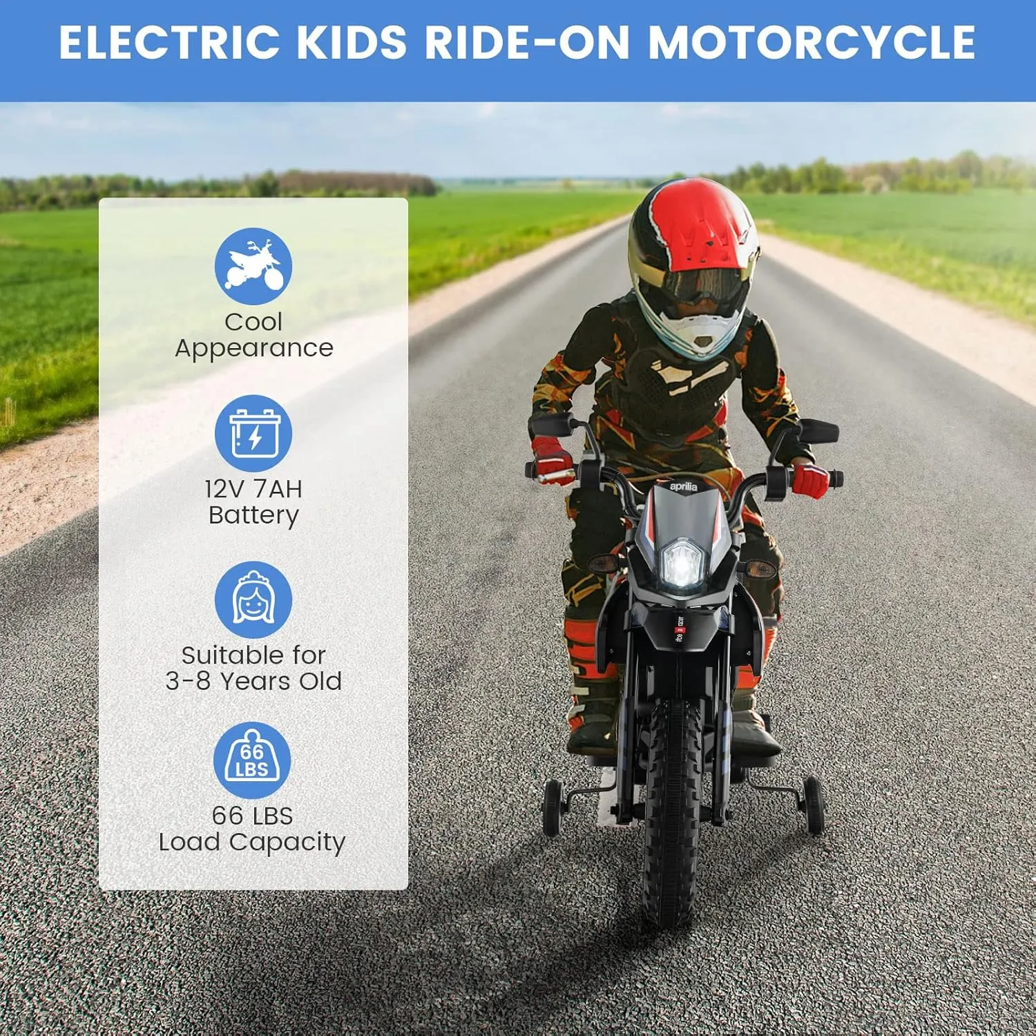 Costzon 12V Kids Motorcycle, Licensed Aprilia Power Toddler Motorbike W/Detachable Training Wheels, 3.7 MPH Max, Spring Suspension, Light, Music, Wireless, USB, Electric Dirt Motorcycle (Navy)