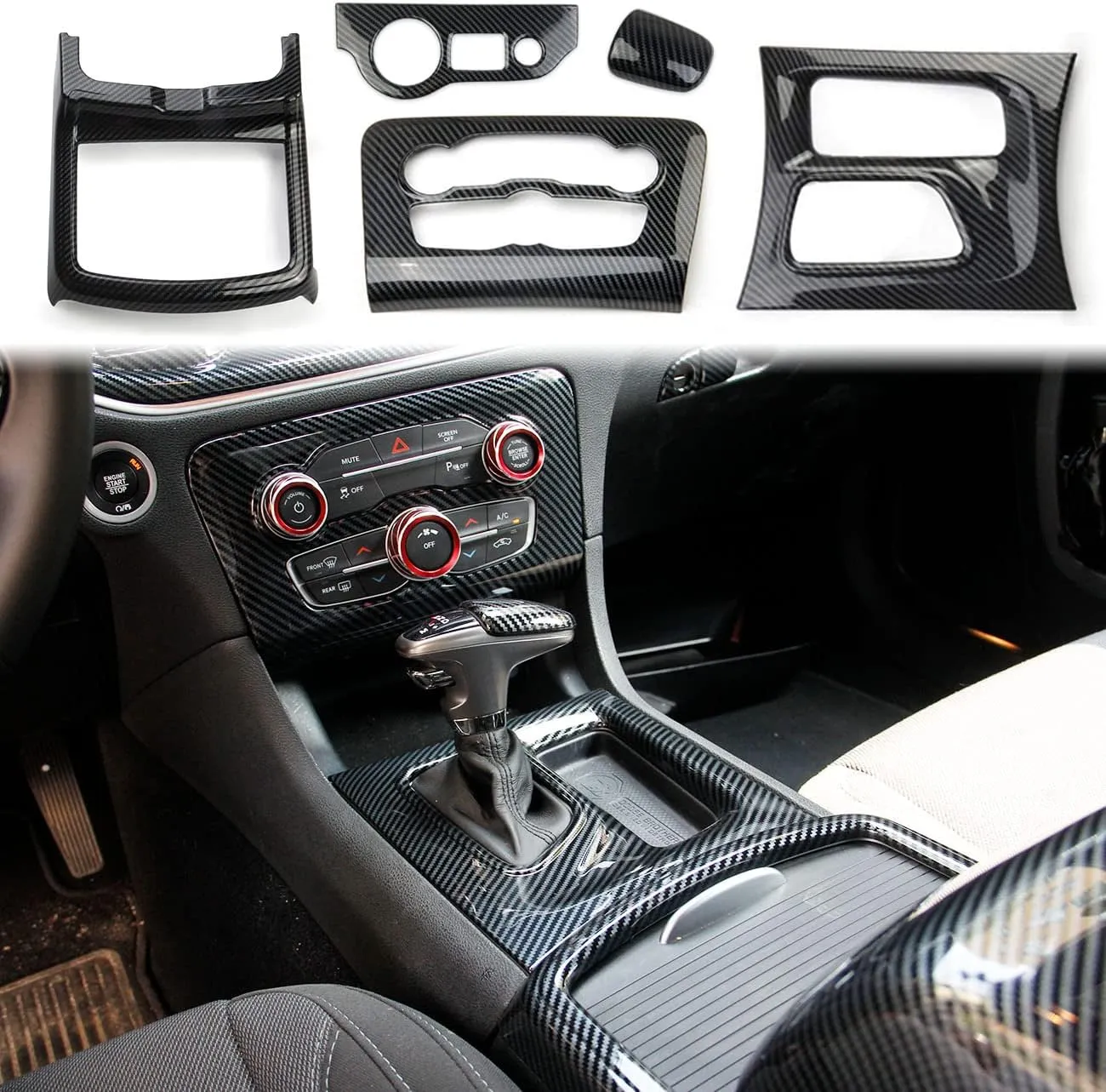 crosselec Carbon Fiber Central Control AC Gear Shift Cup Holder Headlight Switch Button Panel Cover Trim 5pcs for Dodge Charger 2015-2022