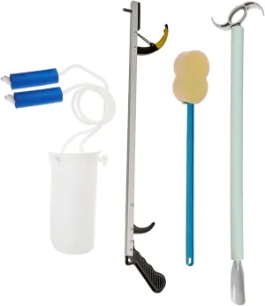 Cubii Health Hip Kit 8, Includes 28" Reacher, 24" Dressing Solution Stick, Flexible Sock & Stocking Aid, & Long Contoured Scrub Sponge, 4-Item Self-Care Pack for Those with Trouble Bending