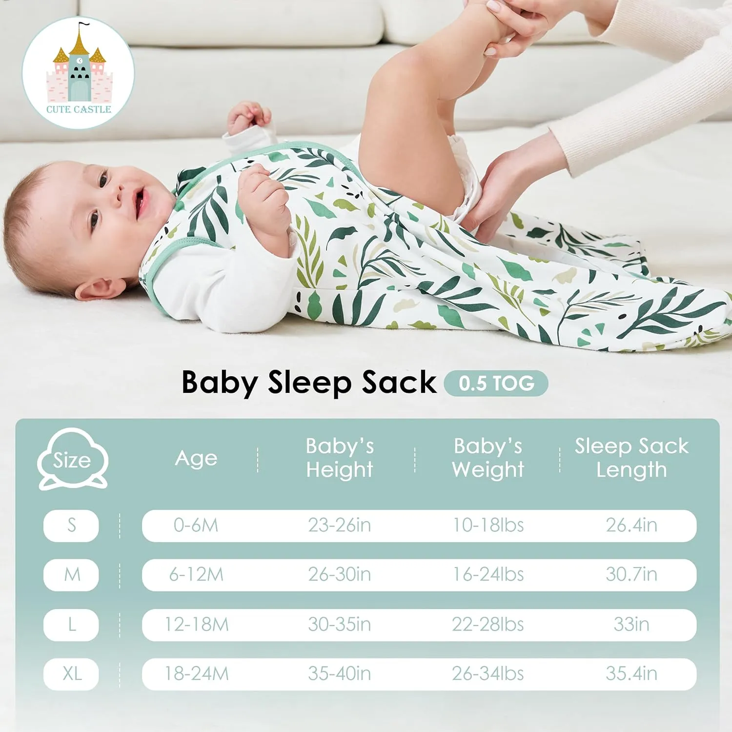 Cute Castle Baby Sleep Sack 18-24 Months - Lightweight 100% Cotton 2-Way Zipper TOG 0.5 Infant Wearable Blanket, Newborn Essentials Toddler Sleep Clothes (3 Pack Green)