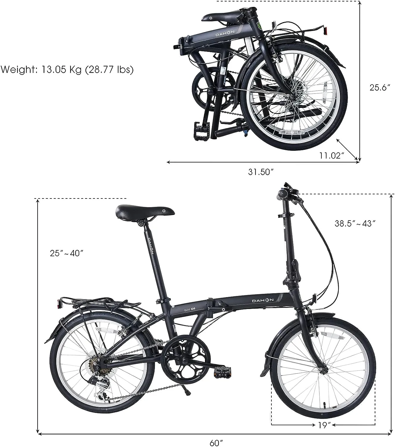 Dahon SUV D6 Folding Bike, Lightweight Aluminum Frame; 6-Speed Gears; 20” Foldable Bicycle for Adults