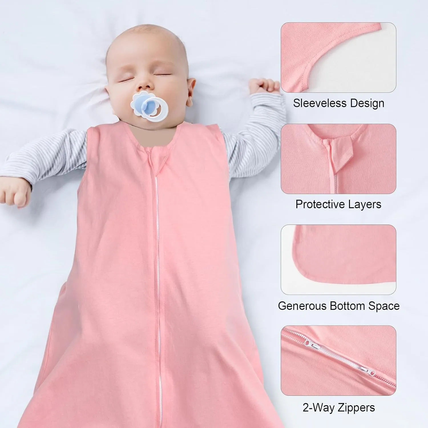 david's kids 3 Pack 100% Cotton Baby Sleep Sack 0-6 Months, Soft Baby Wearable Blankets with 2-Way Zipper, Comfy Sleeping Bags for Infant Newborn Boys Girls Neutral, Small Size, White & Grey & Pink