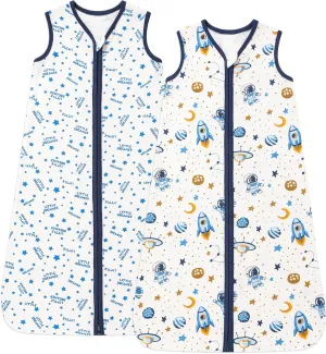 DaysU Baby Sleep Sack 12-18 Months 100% Cotton, Baby Boy Wearable Blanket 2-Way Zipper TOG 0.5, Breathable Lightweight Baby Sleeping Bag 2 Pack, Blue Space, Large