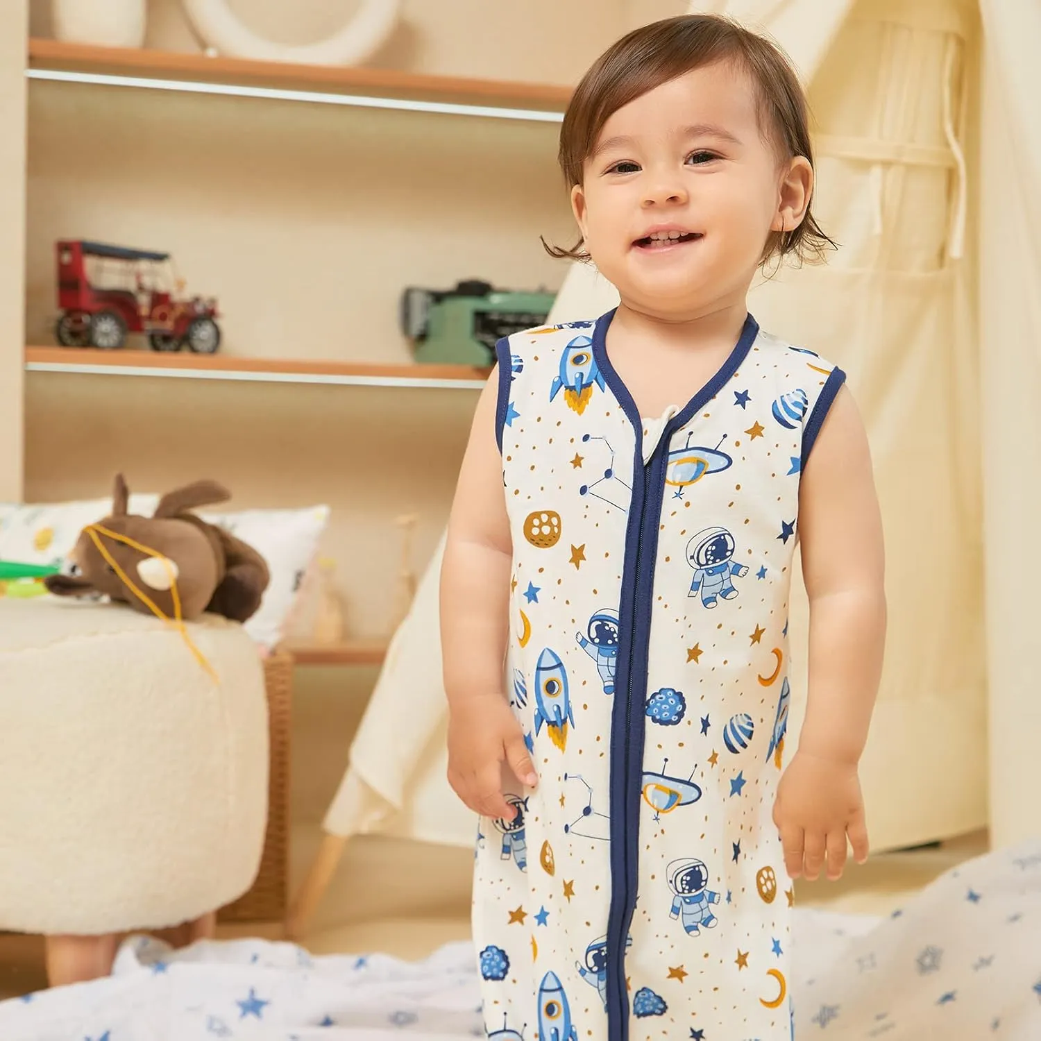 DaysU Baby Sleep Sack 12-18 Months 100% Cotton, Baby Boy Wearable Blanket 2-Way Zipper TOG 0.5, Breathable Lightweight Baby Sleeping Bag 2 Pack, Blue Space, Large