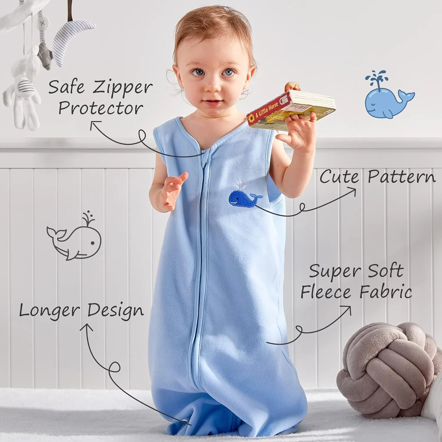 DaysU Micro Fleece Baby Sleep Sack 1.0 TOG, Baby Wearable Blanket 18-24 Months Sleeveless with 2-Way Zipper, Sleeping Bag for Baby Unisex, 1 Pack, Light Blue Whale