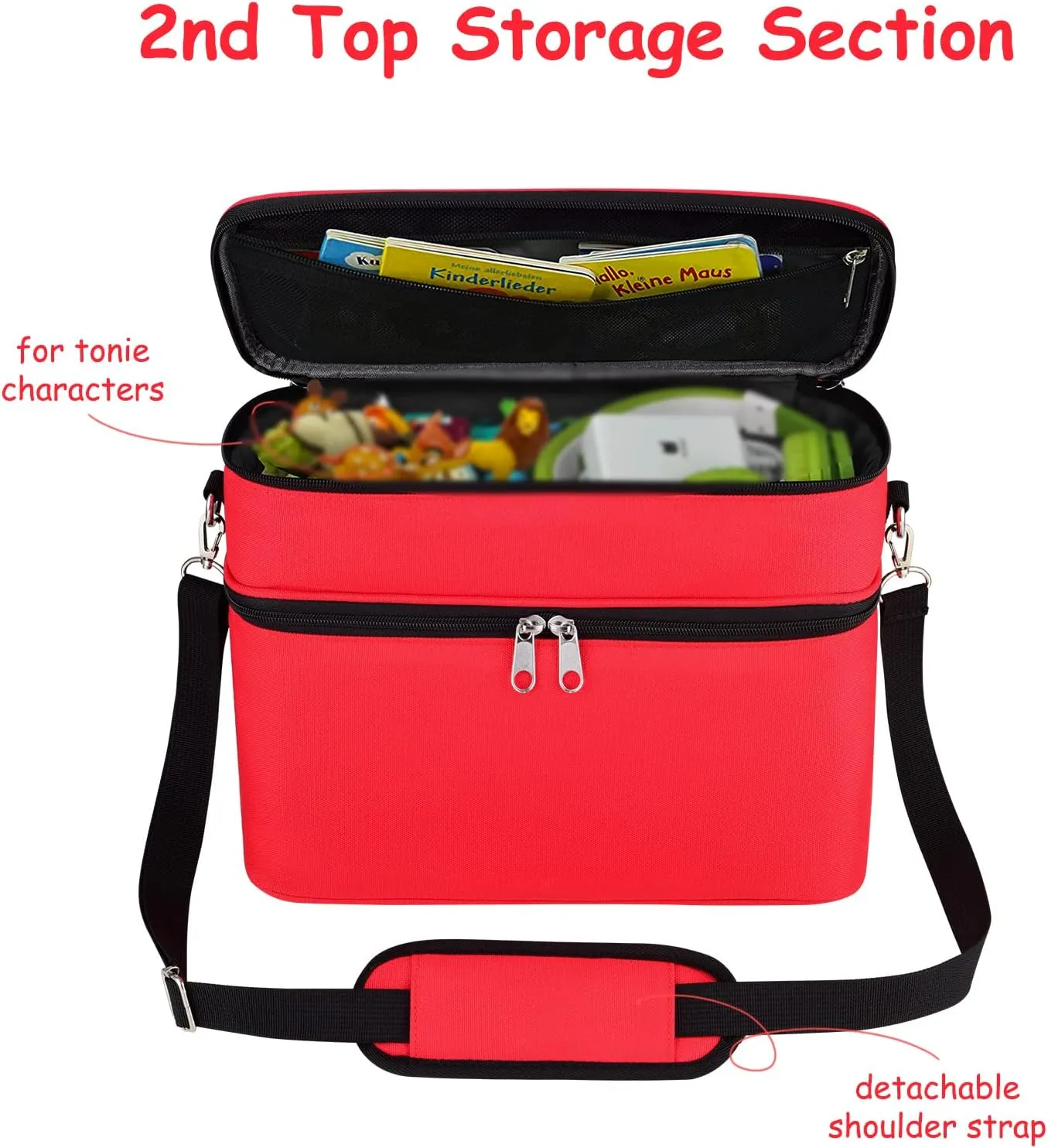DDgro Tonies Figures Storage Bag for Toniebox Starter Set, Home and Outdoor Carrying Case Organizer for Figurine Characters, Audio Player Box, Charger & Headphone, Bag Only (Large, Red)