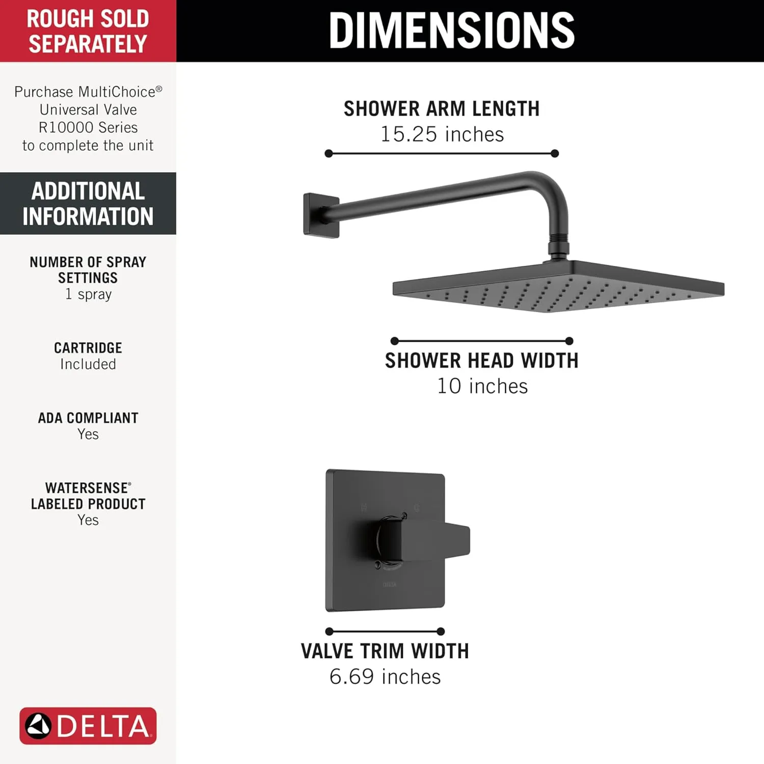 Delta Faucet Modern 14 Series Matte Black Shower Faucet, Delta Shower Trim Kit with Single-Spray Touch-Clean Black Shower Head, Matte Black T14267-BL-PP (Valve Not Included)