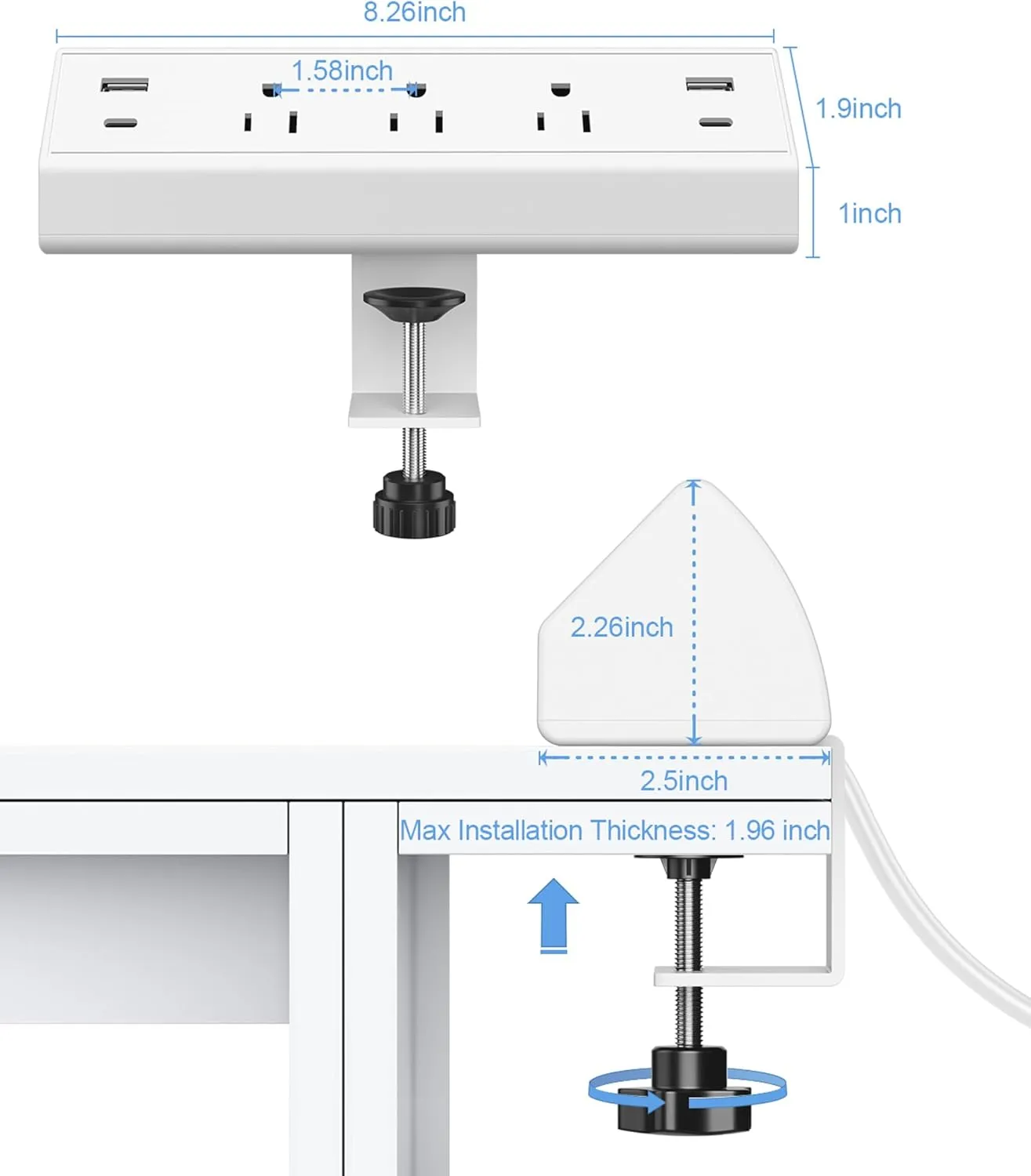Desk Clamp Power Strip USB C,40W Fast Charging Station,2 PD 20W USB C Charger,Desk Edge Mount Power Strip 4 USB Ports 3 Widely Spaced Outlets Surge Protector,Fit 1.96" Tabletop Edge,ETL Listed