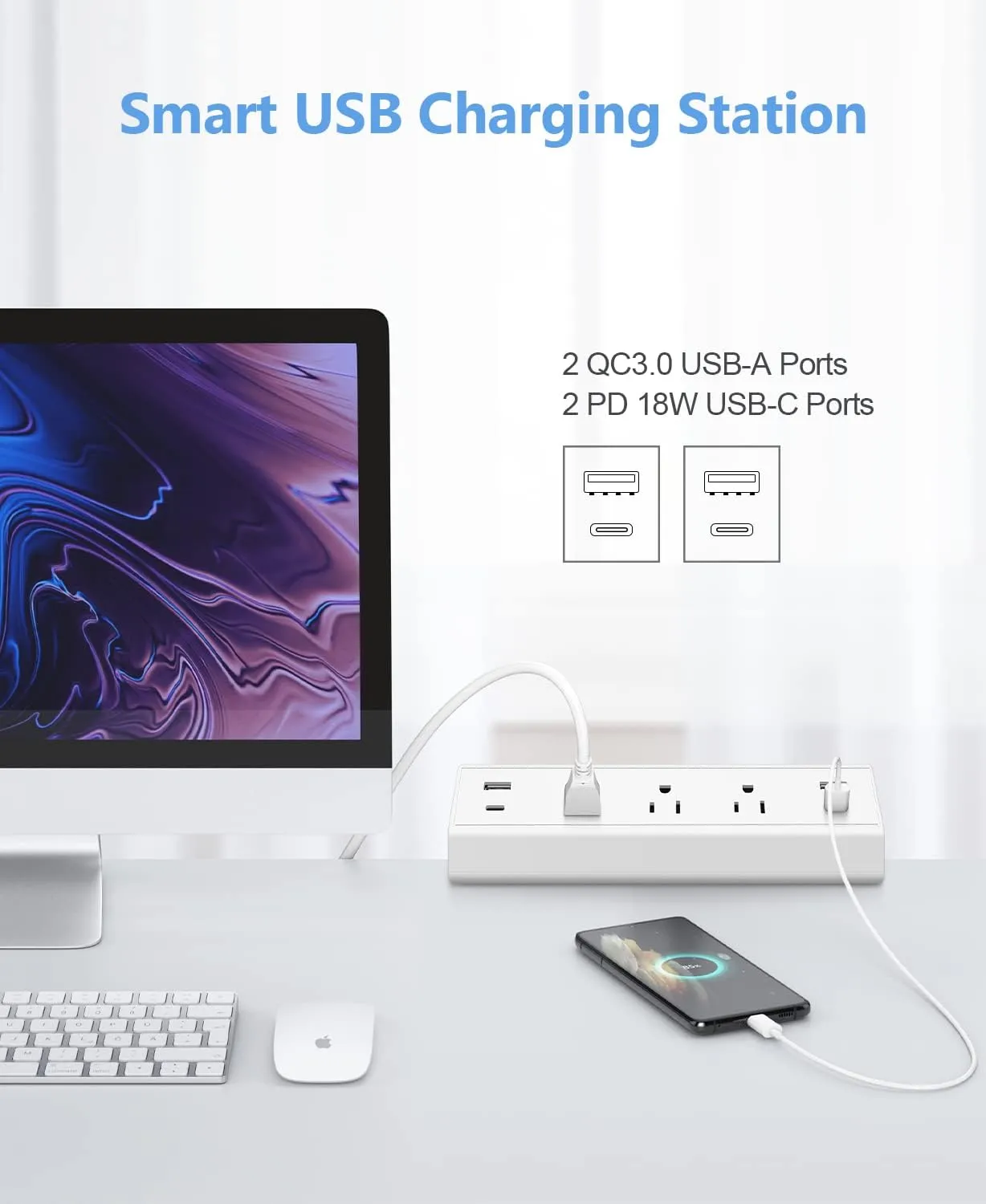 Desk Clamp Power Strip USB C,40W Fast Charging Station,2 PD 20W USB C Charger,Desk Edge Mount Power Strip 4 USB Ports 3 Widely Spaced Outlets Surge Protector,Fit 1.96" Tabletop Edge,ETL Listed