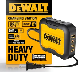 DEWALT Heavy Duty 4 Port USB C Charger Block, 100W USB C Charger Intelligent Power Sharing, 6ft Power Cord, Charge 4 Devices Compatible w/DEWALT 20V Batteries, Perfect for Work Tables & Jobsites