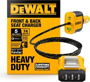 DEWALT Heavy Duty 72W 5 Port USB Car Charger Multiport, iPhone 16 Multi USB Car Charger, Fast Charge PD & QC3.0 Cigarette Lighter Adapter w/ 6FT Cable, Type C Front/Back Charging for Multiple Devices